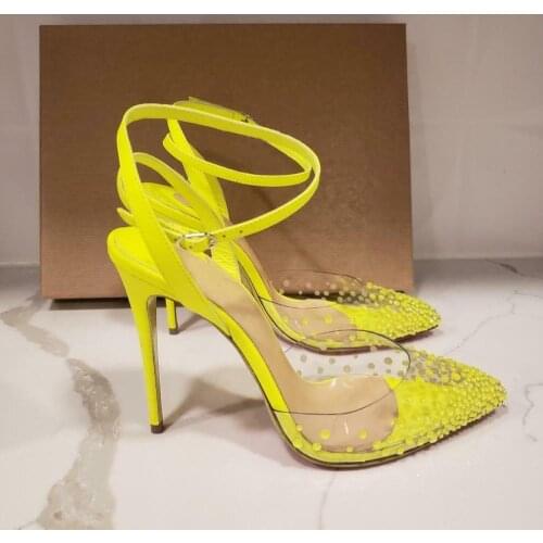 Bright Neon Yellow Rivets Studs Evening Dress Pumps Ladies PVC Patchwork Ankle Strap High-Heeled Prom Shoes Summer High Heels