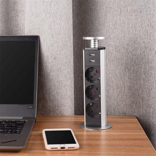 EU Plug Baby Safe Desigh Table Desktop Retractable Socket Outlet Aluminum PULL POP UP 2 USB Charge Port Office Home Kitchen
