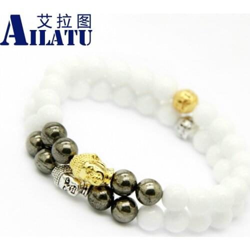 Ailatu Jewelry White Stone And Copper Ore Stone Beads Silver Color with Buddha Yoga Bracelet for Mens Gift