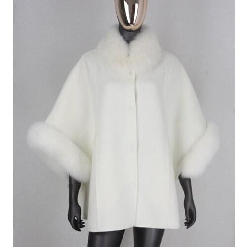 2021 New White Cloak Cashmere Wool Blends Real Fur Coat Winter Jacket Women Natural Fox Fur Collar and Cuffs Streetwear
