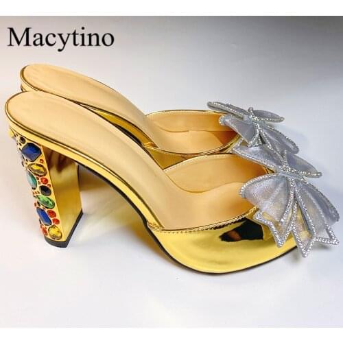 Bow-knot decoration ladies high-heeled shoes round toe fancy diamond heel high-heeled slippers fashion party slippers
