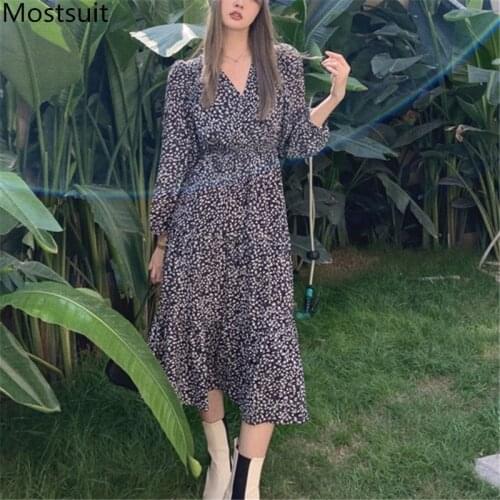 Vintage Floral Printed Long Dress Women Full Sleeve V-neck Elastic Waist Elegant Fashion Female A-line Vestidos Femme 2021
