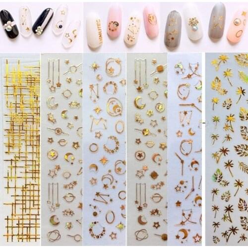 1pcs Gold 3D Nail Sticker Phototherapy Nail Art Supplies Star Moon Nail Sticker Applique Transfer Slider Nail Film Metal Jewelry