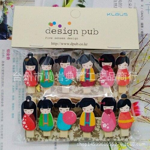 12pcs/lot Kawaii Japanese Doll Wooden Clip Photo paper Clothespin Craft Clips Party Decoration Clip with Hemp Rope