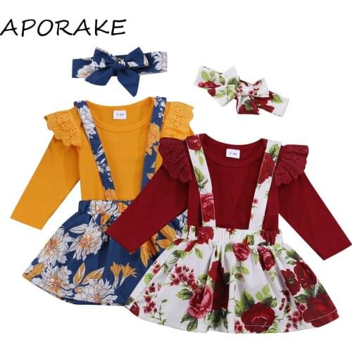 2021 0-18M Fall Infant Girl Clothes Set Lace Shoulder Solid Color Long Sleeve Romper+Floral Print Suspender Skirt+Headband 3pcs