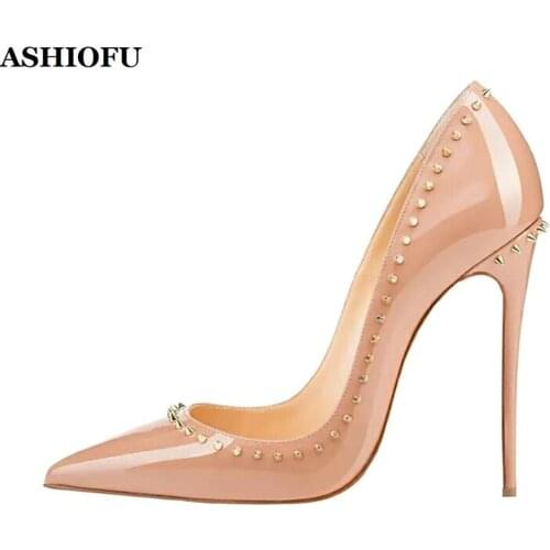 ASHIOFU Handmade Ladies High Heel Pumps Rivets Spikes Party Prom Dress Shoes Ballet-toe Club Evening Fashion Court Shoes