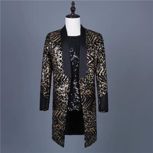 Men Singer Concert Stage Long Coat Leopard Sequins Blazer Tide Male DJ Nightclub Bar Performance Rock Suit Jackets