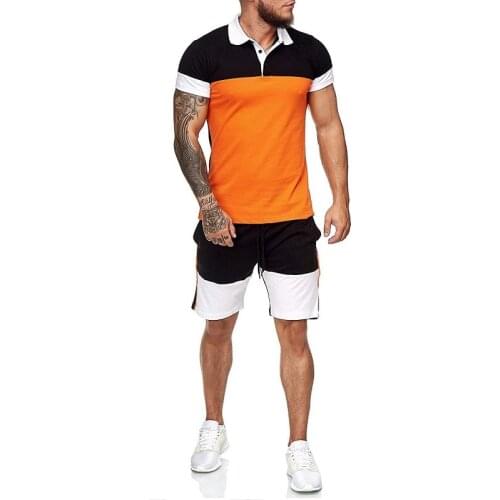 Mens Shorts Set Color-blocking Stitching Sports Suit Mens Lapel POLO Shirt Sports Shorts 2-piece Set Two Piece Set Summer