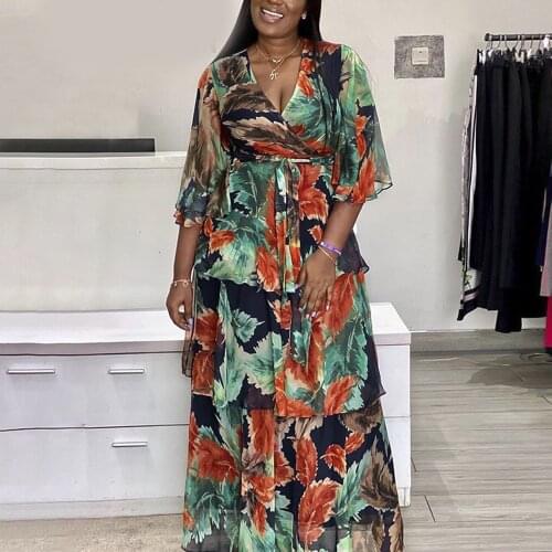 Elegant African Evening Dresses 2021 New Style Floral Print V Neck High Waisted A Line Fashion Party Night Dinner Vestidos Mujer