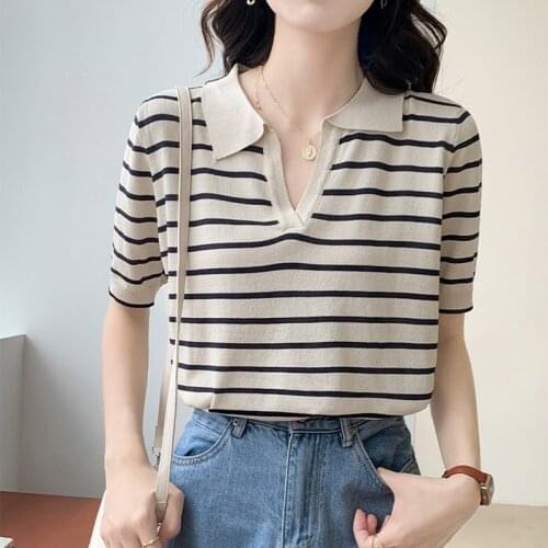 GGRIGHT 2021 Summer Fashion Harajuku T Shirt Women Knitted Sexy Striped Tops Short Sleeve Turn-Down Collar Tshirts Black
