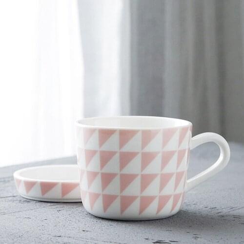 Ceramic Mug with Saucer Geometric Design Pink Mug for Coffee Tea Milk Porcelain Cup with Handle for Afternoon Tea (Mug+Saucer)