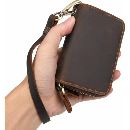 Genuine Crazy Horse Leather Key Wallet Vintage Key Case Portable And Tiny Coin Pockets Leather Key Holders Men 8185R