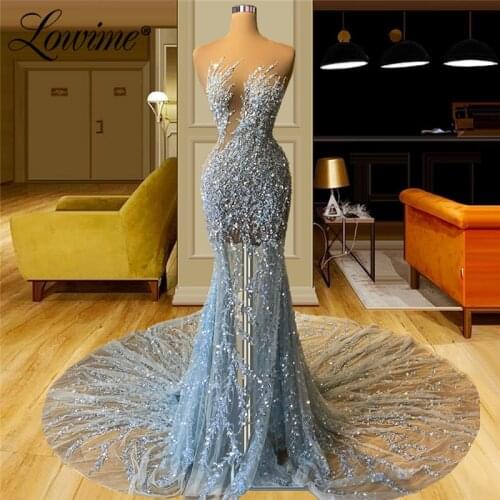 Lowime Heavy Beading Handmade Evening Dresses 2021 Mermaid Long Train Arabic Prom Dress Robe De Soirée De Mariage Party Gowns