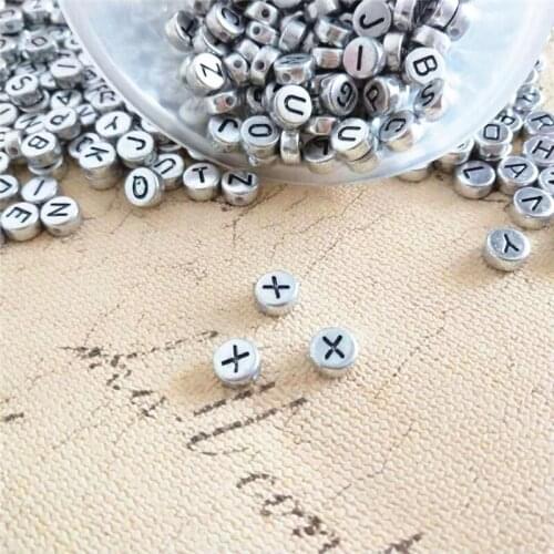 Mini Order 4*7MM 100pcs Silver Acrylic Letter X Beads Flat Coin Round Shape Plastic Alphabet Jewelry Bracelet Spacer Beads