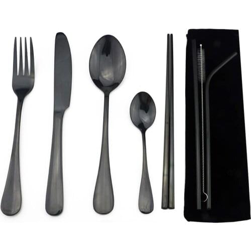 High Grade 18/8 Stainless Steel Cutlery Set Black Dinnerware Set Black Tableware Knife Fork Teaspoon Chopsticks Straws Pouch Set