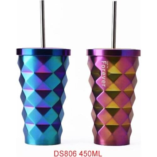 The New Diamond Face Diamond Cup Vacuum Double Straw Cup Stainless Steel Coffee Cup Handy on-board Cup Customization