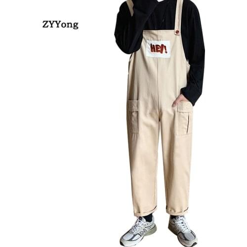 2020 New Fashion Mens Bib Overalls Loose Pant Solid Color Casual Korean Style Man Black Khaki Jumpsuits Rompers Ankle-Length