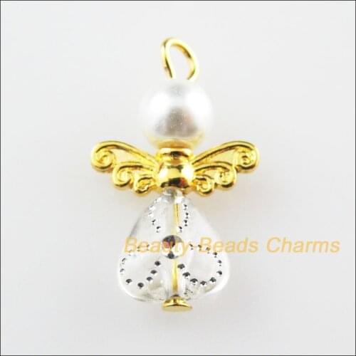 New 20Pcs Gold Color Wings White Heart Dancing Angel Charms Pendants 14x22mm