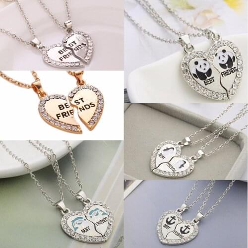2PC Best Friends Necklaces Animals Panda Dolphin Penguins Anchor Crystal Heart Pendant Chain Necklace Friendship Jewelry Gifts