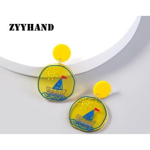 Transparent Irregular Painting Drop Earring Round Yellow Color Sun Kids' Draw Cute Arcylic Fashion Ear Jewelry