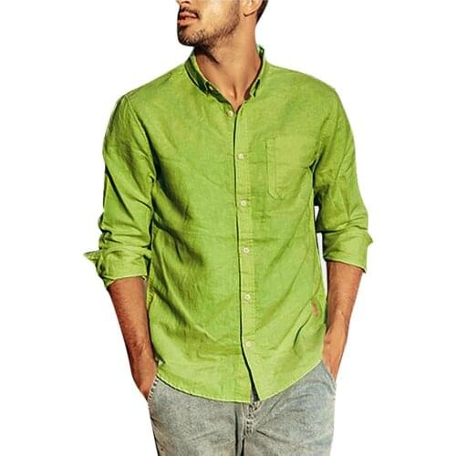 Slim Fit Dress Shirt For Men Summer Button Casual Linen And Cotton Long Sleeve Top Blouse Shirt Whit Yellow Camisa Masculina