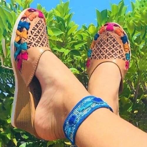 Summer Retro Ethic Women Pu Leather Patchwork Sandals Platform Wedge Heel Hollow Out Outdoor Beach Ladies Shoes Female Whosale