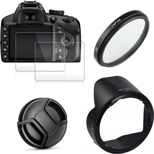 UV Filter + HB-N106 Lens Hood + Cap + 2x Glass Screen Protector for Nikon D3400 D3500 D5600 D7500 AF-P DX NIKKOR 18-55mm Lens