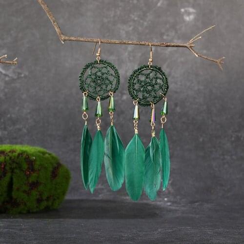 Womens Korean Earrings Bohemian Hand-woven Dream Catcher Feather Tassel Earrings For Women Jewelry Accessories