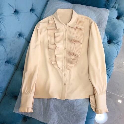 Fashion 2021 new ladies long sleeve sexy casual solid color wood ear pleated silk shirt 1113