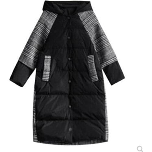 Winter Women lattice Woolen stitching Long Sleeve With Hoodie Cotton Blouses winter Fashion Mid-length Female Clothing FC349