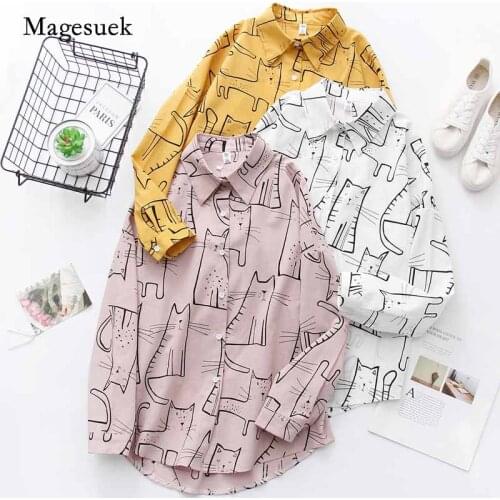 Autumn 2020 Vintage Women Long Sleeve Blosues Fashion Cute Cat Print Shirt Female Shirts Loose Casual Girl Ladies Tops 6828 50