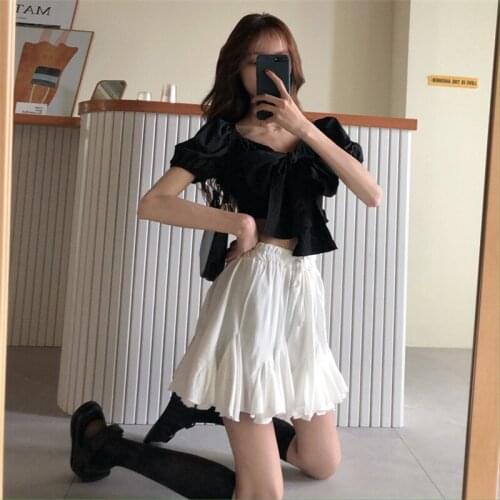 Women Fashion Dress Sets Two Piece Puff Sleeve Black Bowtie Shirt Crop Top&High Waist White Mini Skirt Suits 2pc Sexy Skirt Sets