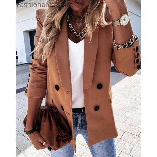 Women Solid Color Long Sleeve Double Breasted Blazer Coat