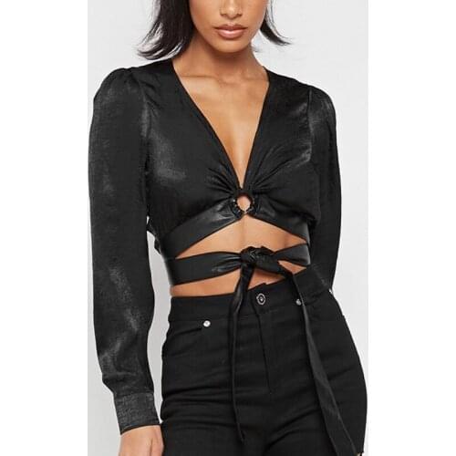 Crop Tops for Teens Women 2021 Long Sleeve Pu Leather Top Club Black Crop Top Ladies Mujer Femme Tshirt Summer T Shirt Croptop