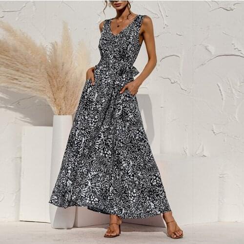 2021 Summer Leopard Print V-Neck High Waist With Belt Dress Ladies Fashion Loose Pullover Big Swing Maxi Dress Women Robes Femme