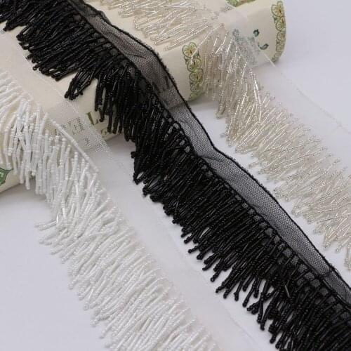 10Yards Milk White Black Beaded Lace Ribbon Latin Dancers Decoration Handmade 3Layers Tube Beads Hanging Tassel Trimming Pendant
