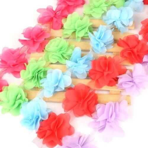 1yards 12pcs 60mm Flowers 3D Chiffon Cluster Flowers Lace Dress Decoration Lace Fabric Applique Trimming Sewing Supplies