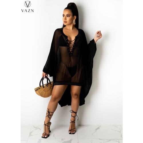 VAZN 2021 Summer V-neck Full Sleeve Solid Mini Dress Women Elegant Fashion Dress Slim Dress Club Birthday Shinny Dress