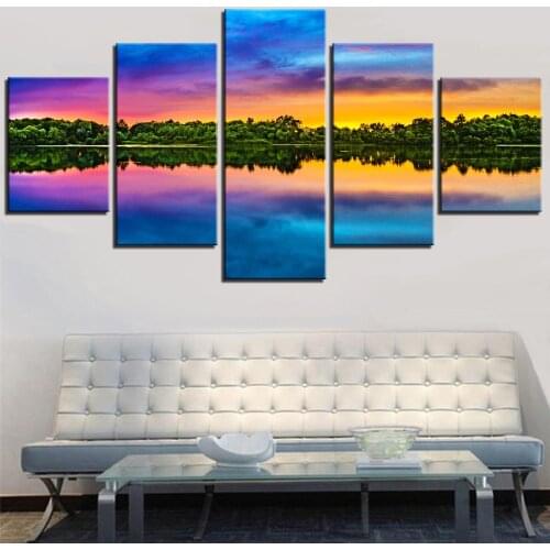 5 Pieces Landscape Canvas Wallpapers Trees Lake Sky Posters Sunset Water Reflection Picture Painting For Home Room Decor Artwork