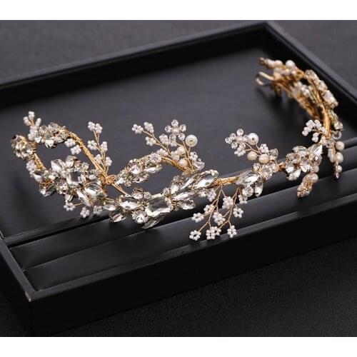 AiliBride Rhinestone Crystal Wedding Headband tiara Bridal Headpiece Gold Women Hair Vine Wedding Hair Accessories