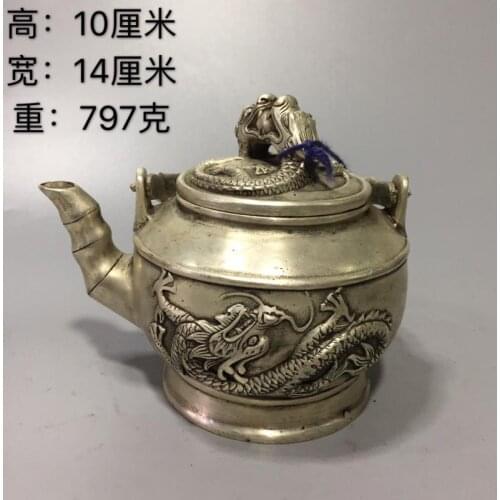 Qianlong dynasty white copper Dragon statue Tanks Crock jar teapot crafts kettle Cupronickel tea Wine pot