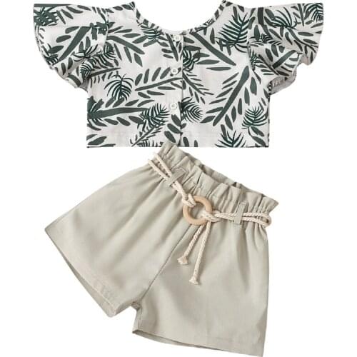 FOCUSNORM 2pcs Summer Infant Kids Girls Clothes Sets 1-6Y Printed Ruffles Fly Sleeve Single Breasted Tops Solid Shorts