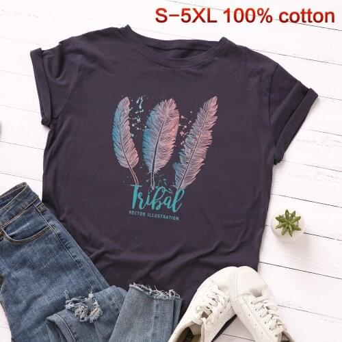 Fashion Tops Women Tshirt Feather Print Funny T Shirts Graphic Tees Women Casual Short Sleeve T Shirt
