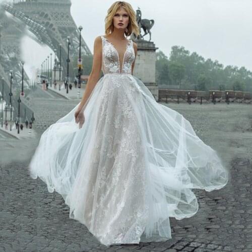 Hot SaleV Neck Beach Wedding Dresses For Women 2021 Sexy Backless Beaded Bridal Wedding Gown Dress White Lace