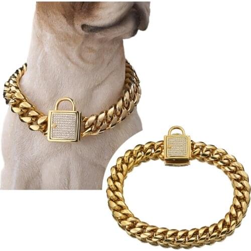 Stainless Steel Metal Dog Collar Gold Plated Curb Cuban Chain Dog Strong Training Dog Necklace For Large Dogs Bulldog 10A