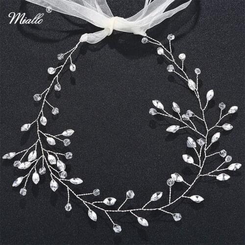 Miallo Rhinestones Headbands Head Chain band Bridal Tiaras Vine Wedding Hair Accessories Crown Women Ribbon Crystal Hair Jewelry