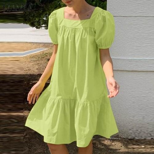 Fashion Ruffle Dress Womens Square Neck Sundress 2021 ZANZEA Casual Puff Sleeve Knee Length Vestido Female Solid Robe Plus Size