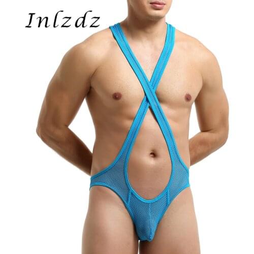 Mens Lingerie Wrestling Singlet BodysuitRacer Back Crisscross Front Bulge Pouch Sheer Mesh Jockstrap Underwear for Sexy Roleplay
