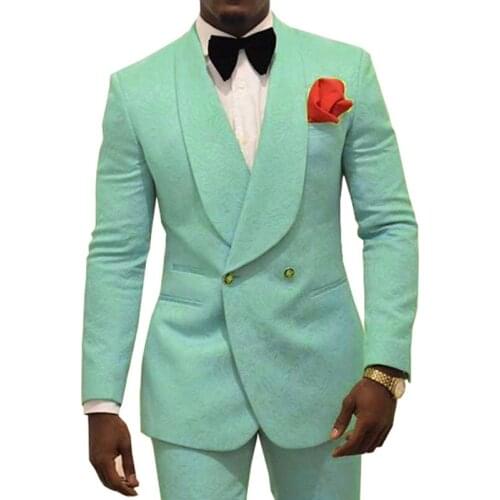 Double Breasted Men Suits for Prom Slim Fit Floral Jacquard Wedding Groom Tuxedo Male Fashion Costume 2 Piece Jacket with Pants