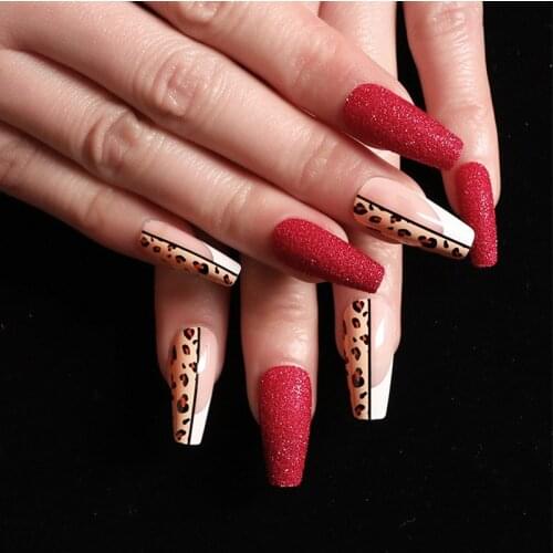 French Ballet Coffin False Nails with Glue Leopard Beveled Rainbow Fake Nails Press on nails Full cover Nail Art Tools